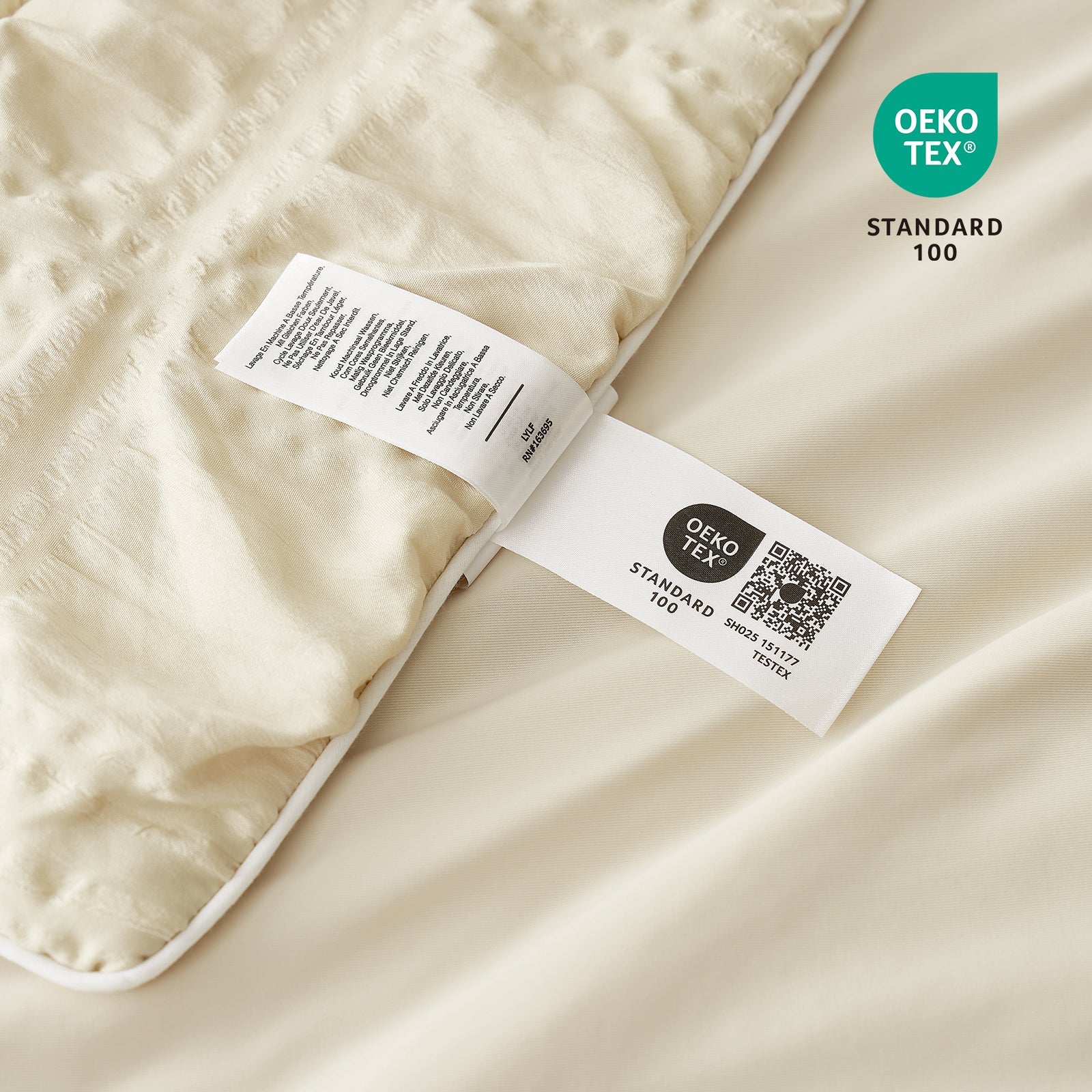 Close-up of a label on a beige fabric with OEKO-TEX Standard 100 certification. #color_Beige
