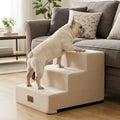 Cozy Bliss 3 Step Right-Angle Arthritis Prevention Foam Pet Stairs in Beige with a dog stepping on it by the sofa. #color_Beige