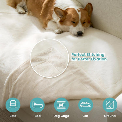 Details of leakproof faux fur pet blanket with durable stitching for better fixation, suitable for sofa, bed, cage, car and ground. #color_Cream White