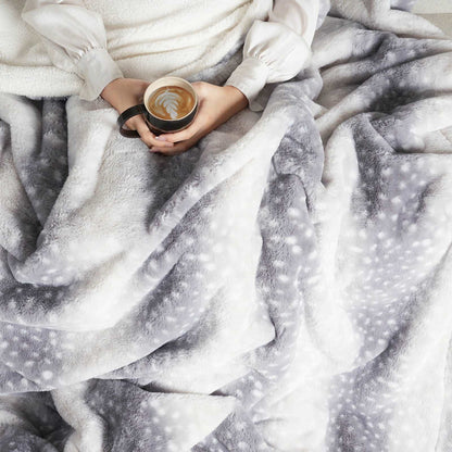 Cozy Bliss deer print blanket, relaxing with coffee, cozy bedding  #color_Silver Sherpa Deer