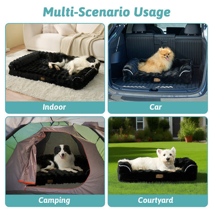 Dog bed used in various scenarios including indoor, car, camping, and courtyard.