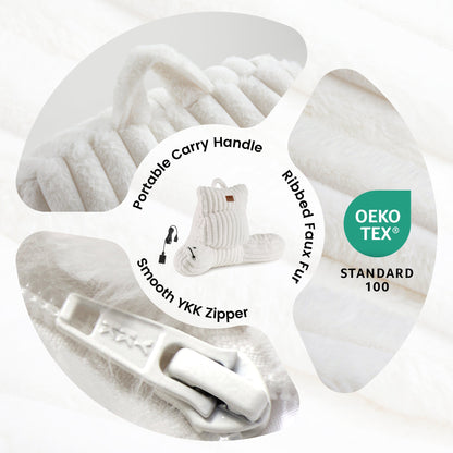 Details of electric heated backrest reading pillow with portable handle, ribbed faux fur fabric and smooth zipper.#color_Ivory