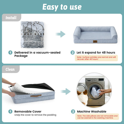 Instructions for using a pet bed with vacuum-sealed packaging, expansion, cover removal, and machine washing.#color_Cool Blue