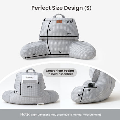 Small Size measurement of Cozy Bliss grey backrest reading pillow. #color_Grey