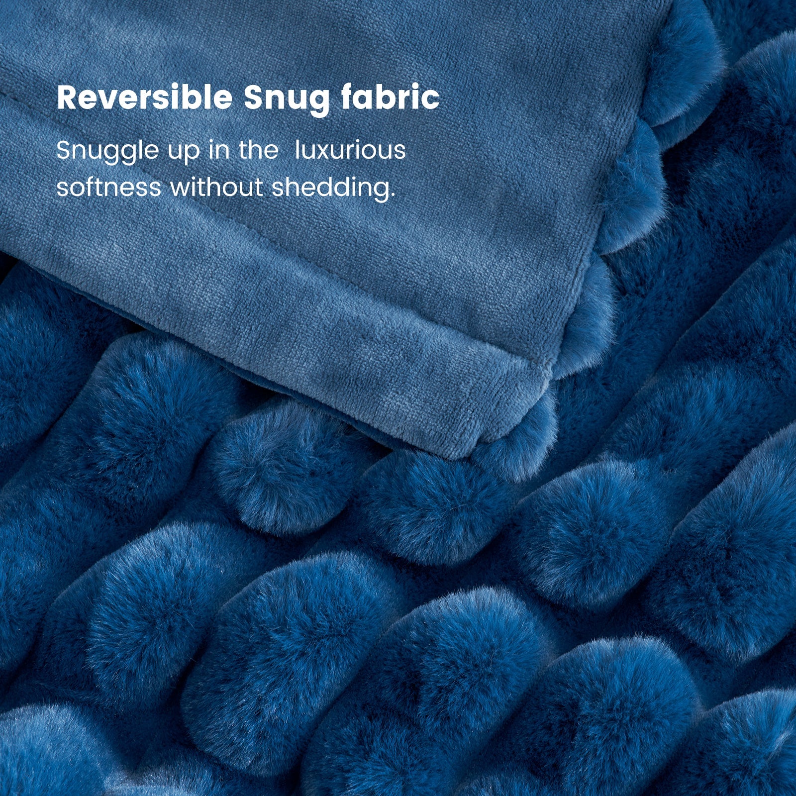 Close-up of the navy blue striped faux fur blanket, reversible snug fabric, soft and cozy bedding #color_Navy Blue