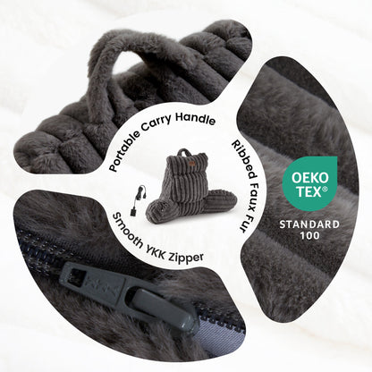 Details of electric reading pillow with portable handle, ribbed faux fur fabric and smooth zipper. #color_Dark Grey