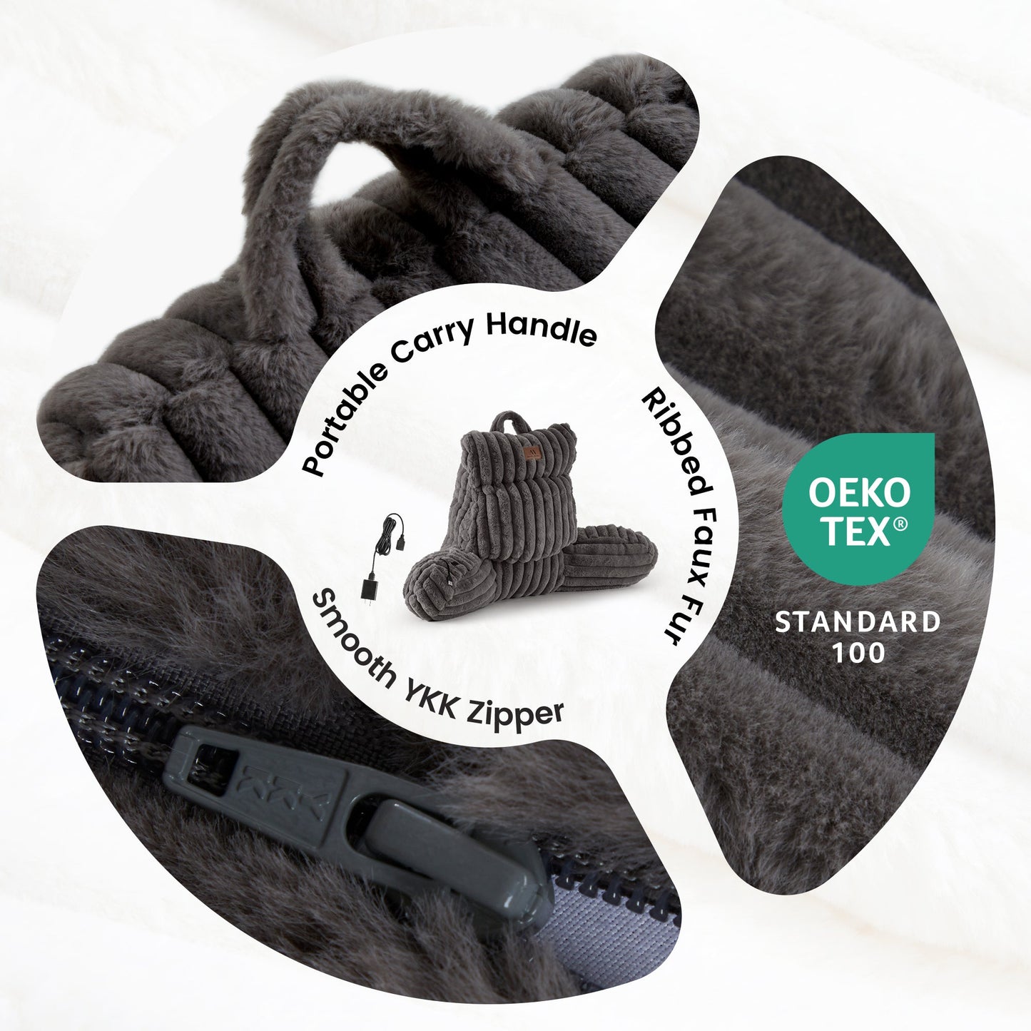 Details of electric heated backrest reading pillow with portable handle, ribbed faux fur fabric and smooth zipper. #color_Dark Grey