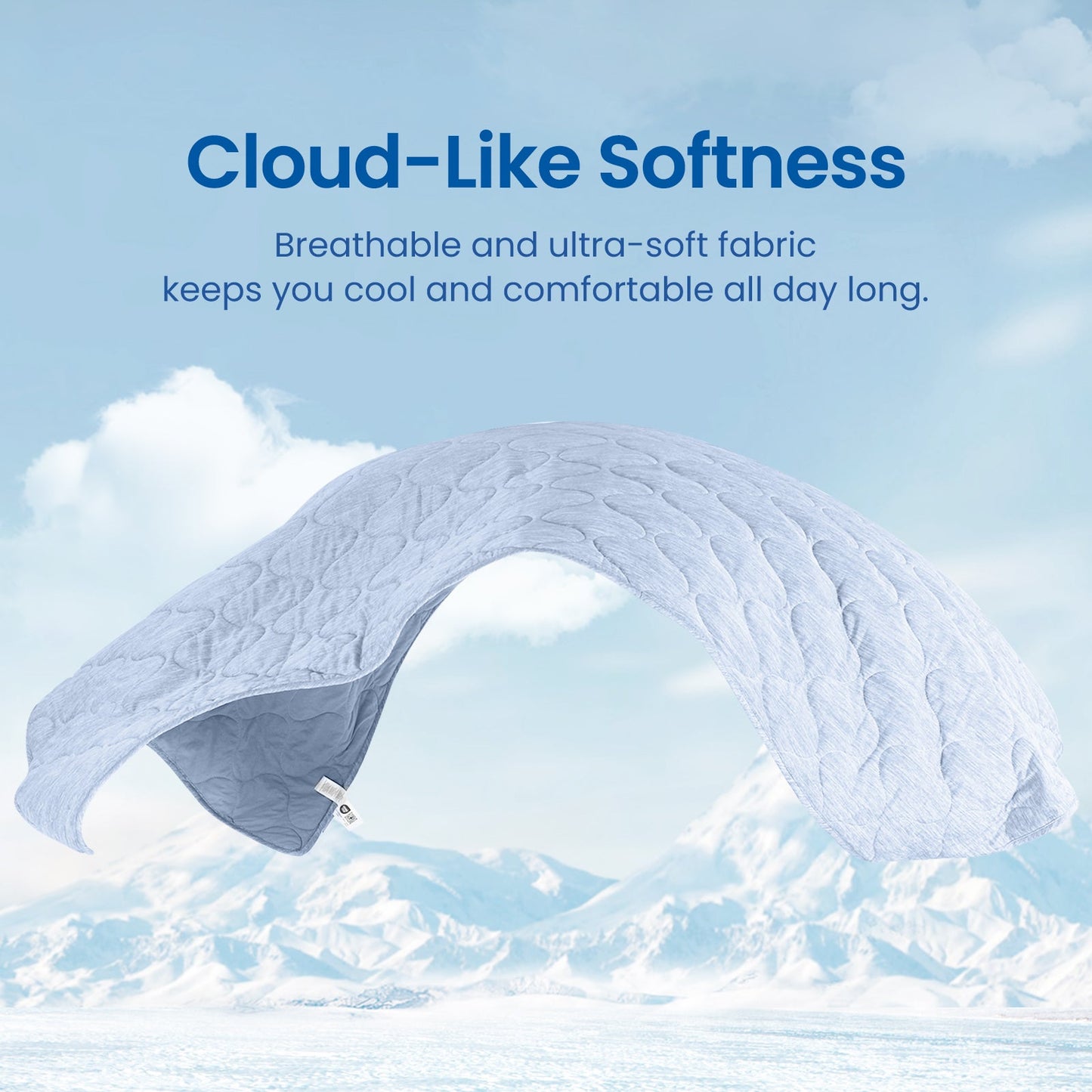 Cool blue cloud-like soft Cozy Bliss dual-sided cooling comforter in air, perfect for all day comfort. #color_Cool Blue