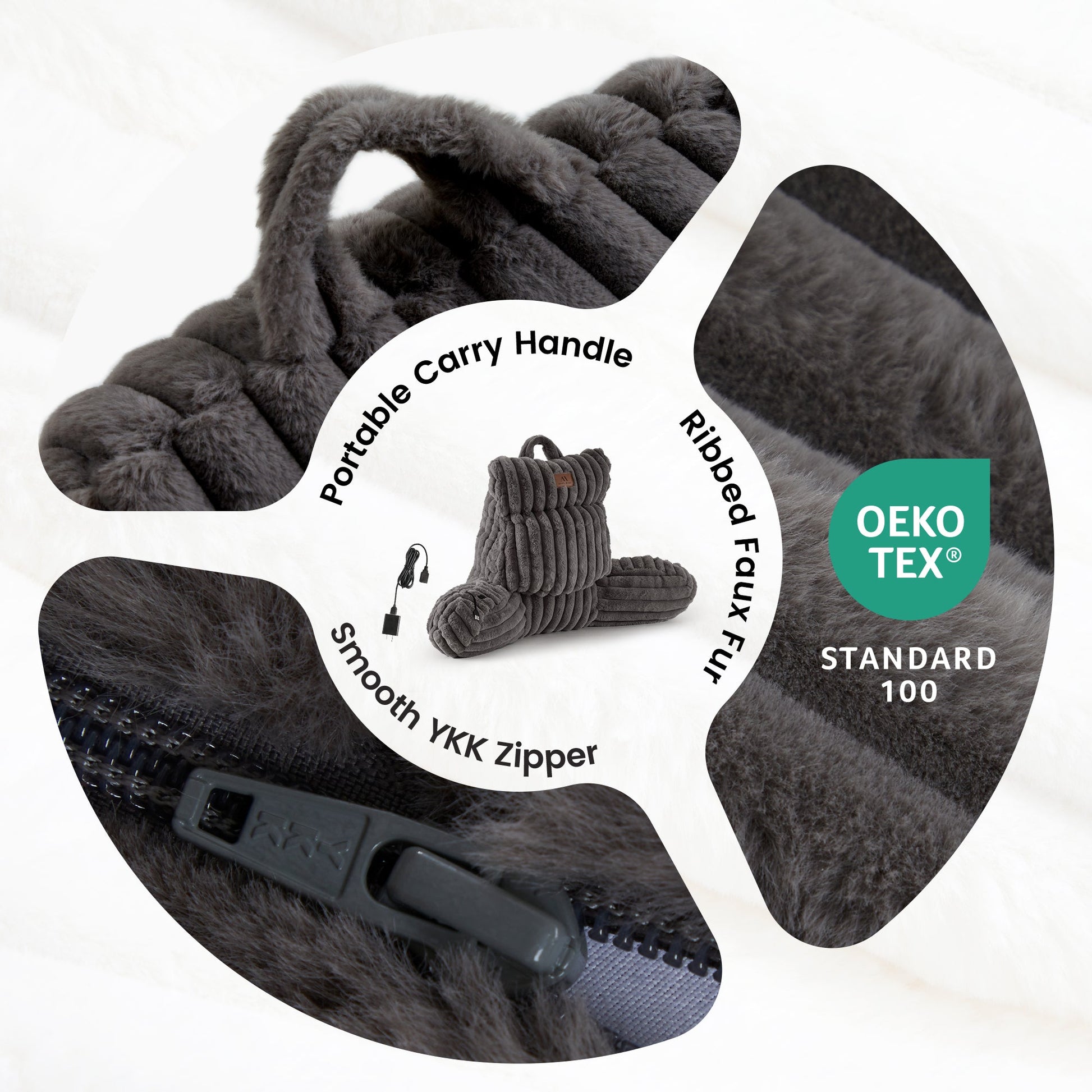 Details of electric reading pillow with portable handle, ribbed faux fur fabric and smooth zipper.#color_Dark Grey