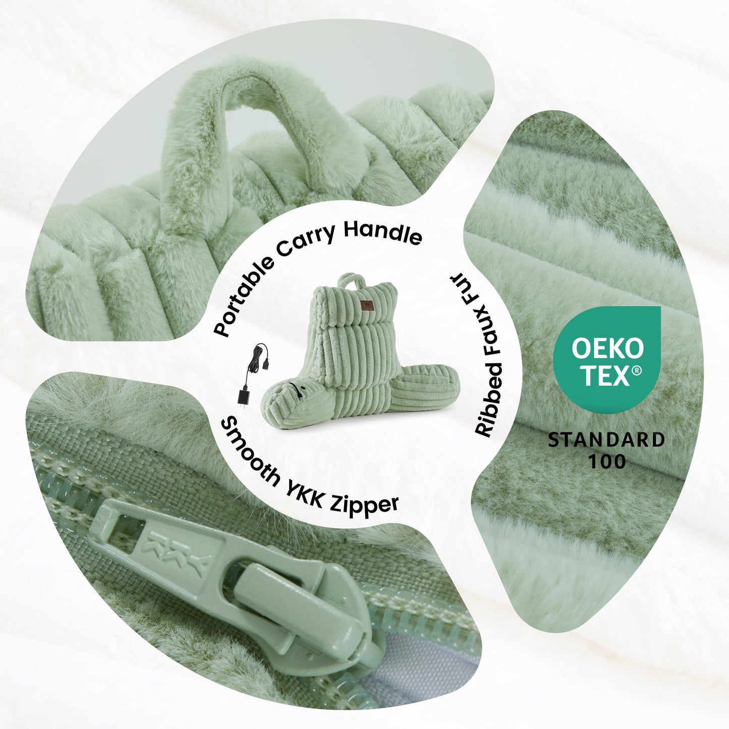 Details of electric reading pillow with portable handle, ribbed faux fur fabric and smooth zipper. #color_Sage Green