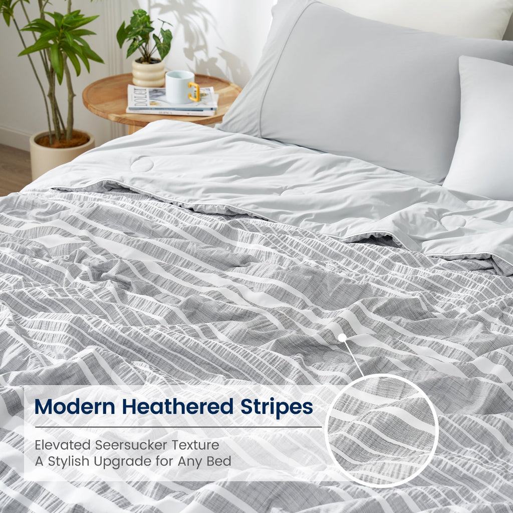 Cozy Bliss striped seersucker cooling comforter in Light Grey showcasing elevated textured pattern #color_Light Grey