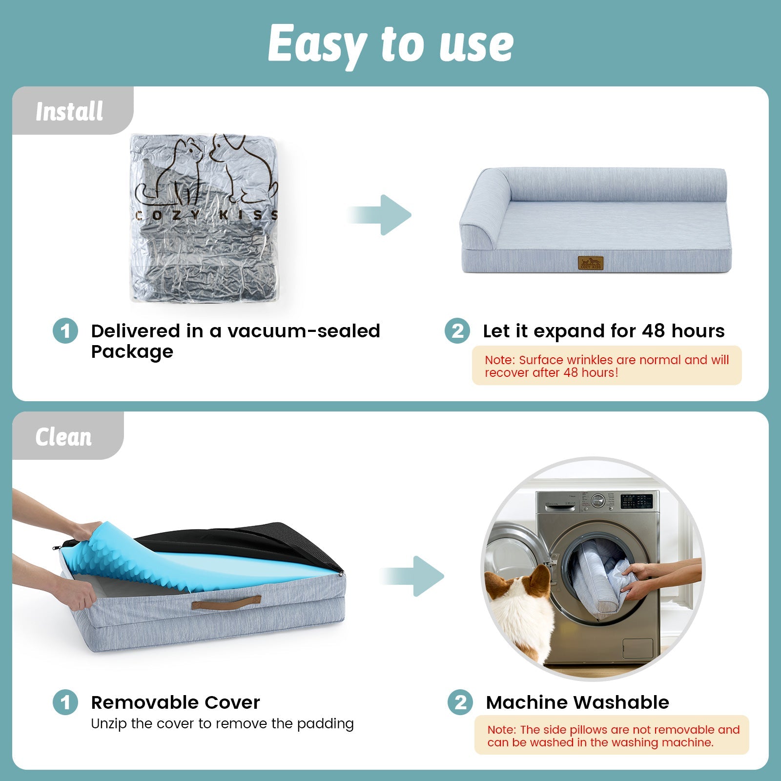 Instructions for using a product, including installation and cleaning steps.#color_Cool Blue