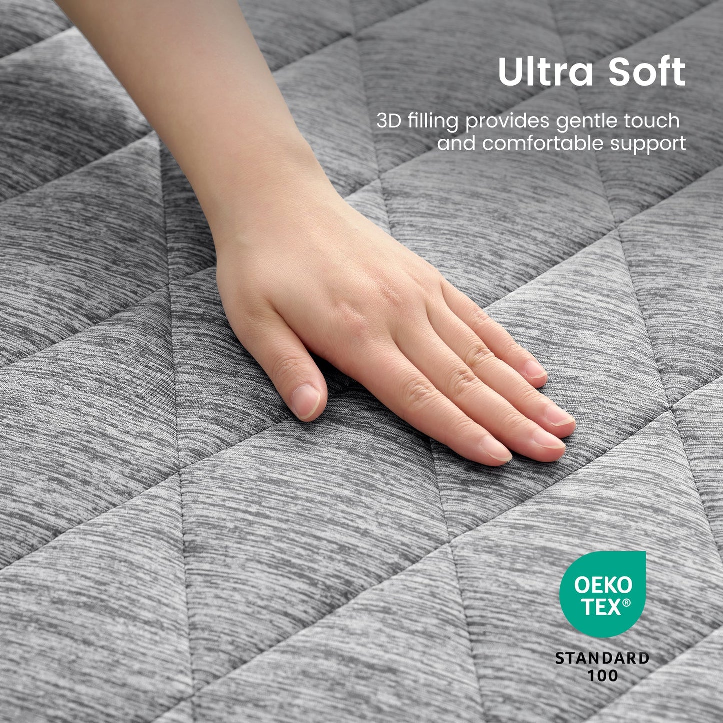 Gray quilted surface with a hand touching it, labeled 'Ultra Soft' and '3D filling provides gentle touch and comfortable support'. Oeko-Tex Standard 100 logo visible. #color_Grey