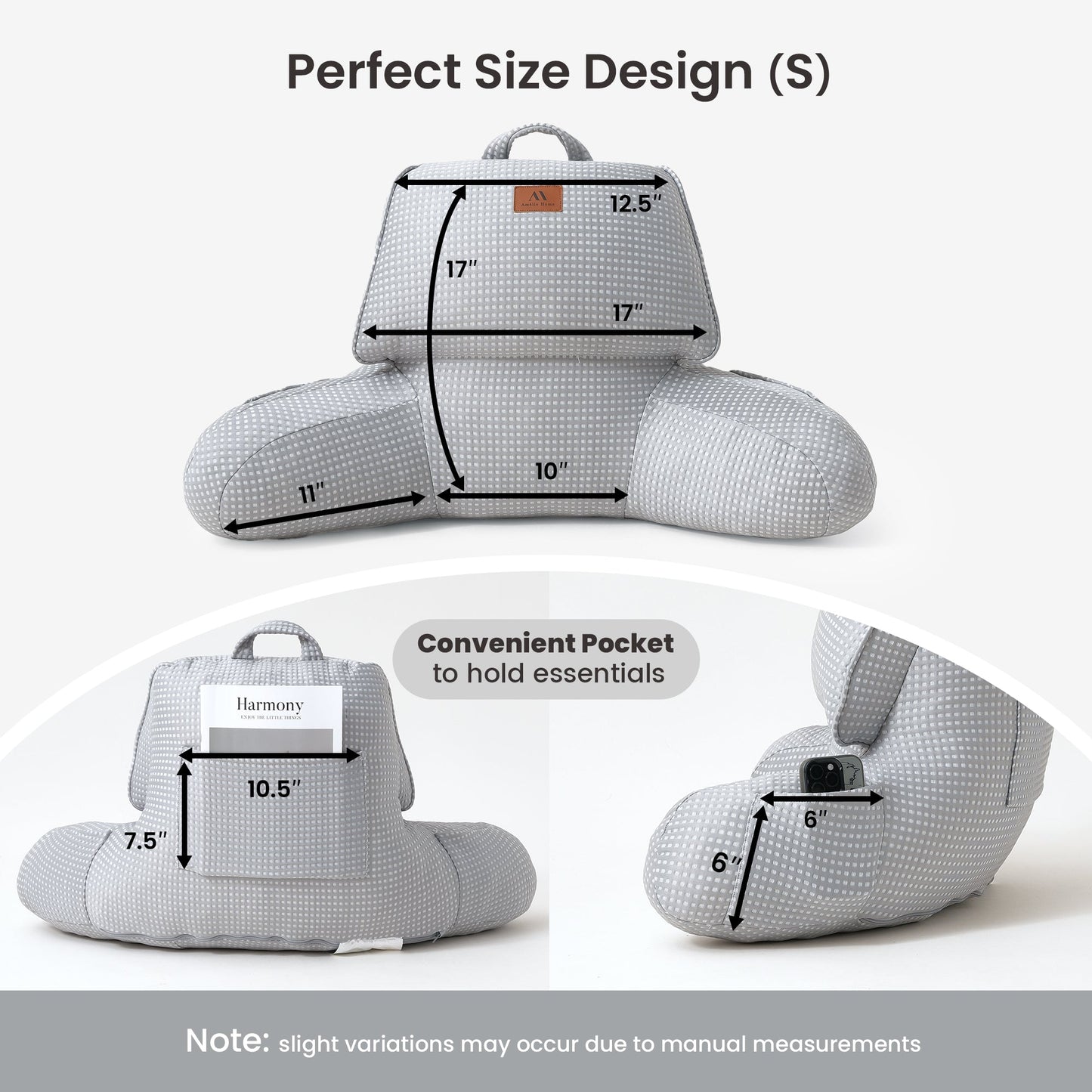 Small Size measurement of Cozy Bliss grey backrest reading pillow. #color_Grey