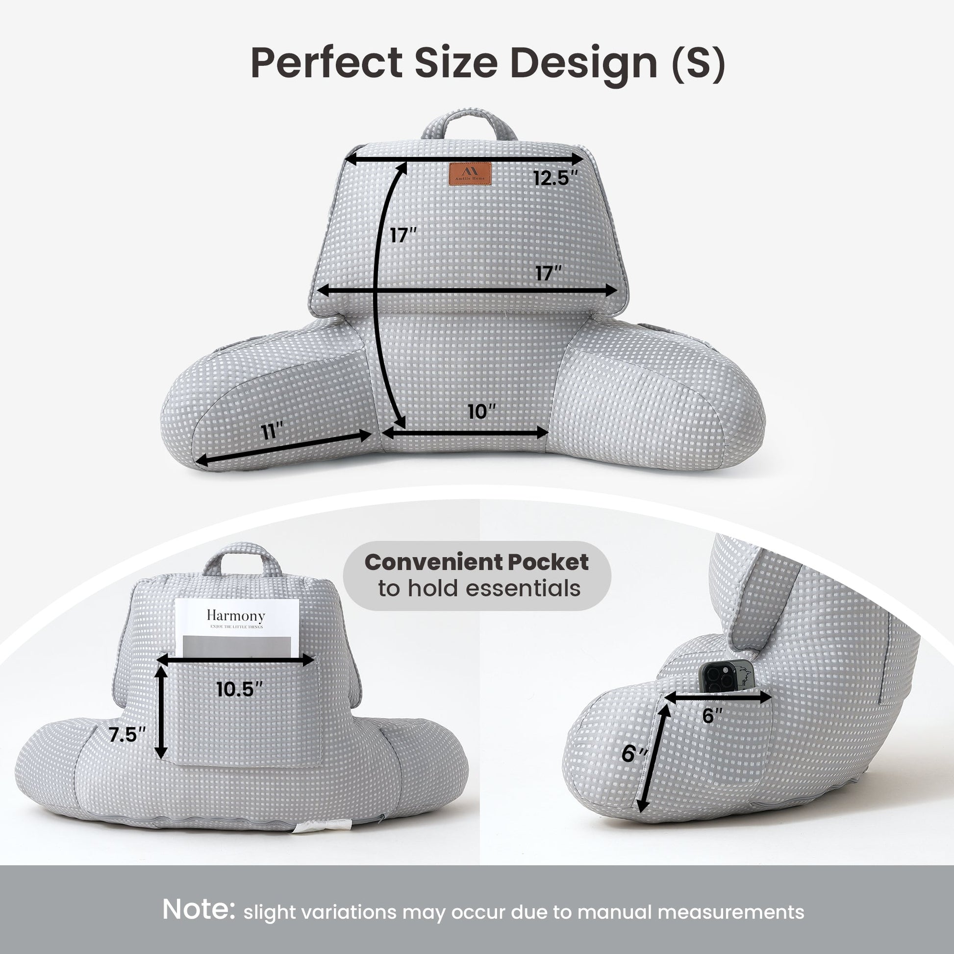 Small Size measurement of Cozy Bliss grey backrest reading pillow. #color_Grey