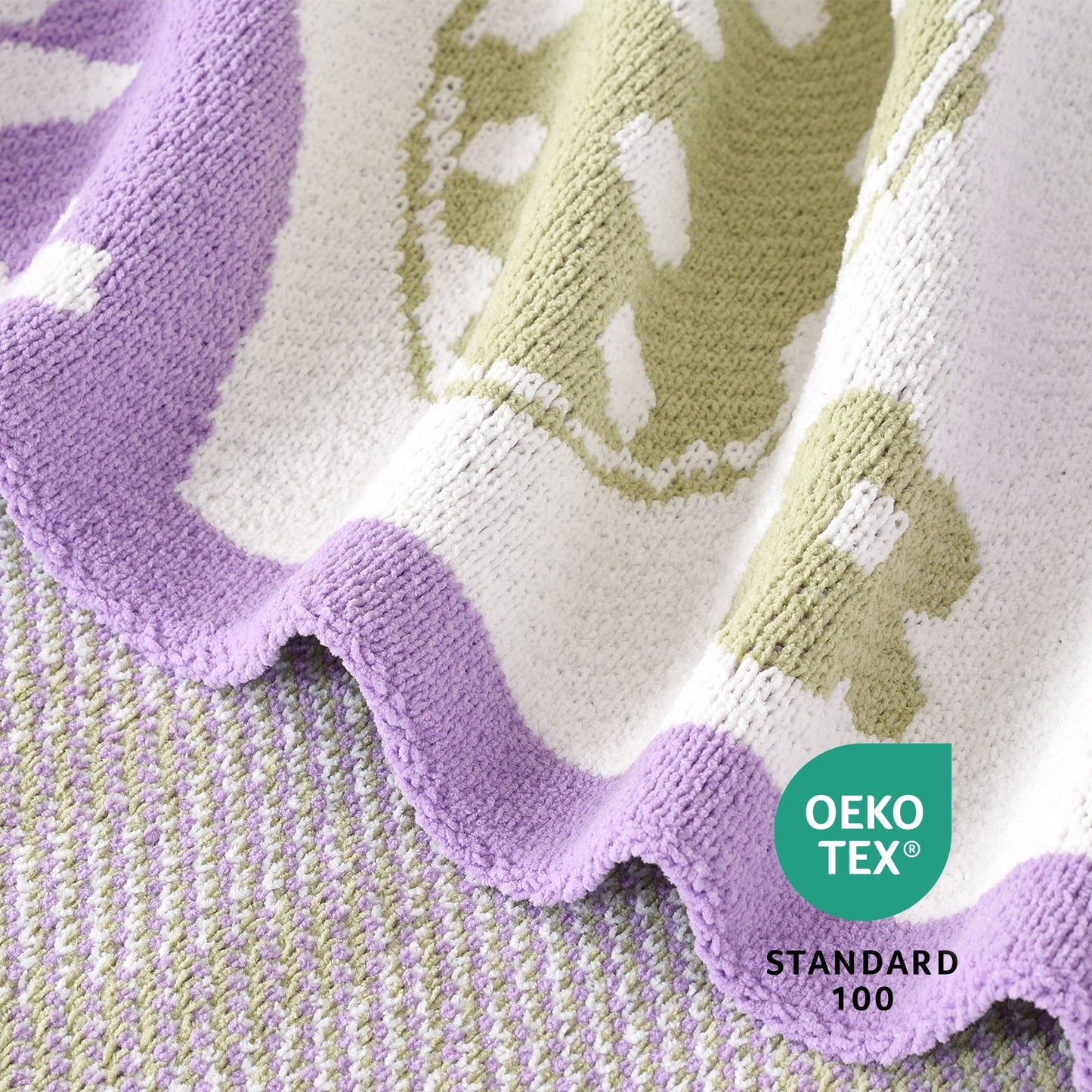 Close-up of chenille knit texture on Easter Bunny and Eggs Chenille Knit Throw Blanket in Purple with OEKO-TEX STANDARD 100 certification, highlighting soft and skin-friendly fabric. #color_Purple
