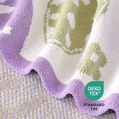 Close-up of chenille knit texture on Easter Bunny and Eggs Chenille Knit Throw Blanket in Purple with OEKO-TEX STANDARD 100 certification, highlighting soft and skin-friendly fabric. #color_Purple