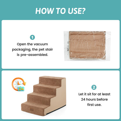 Open the vacuum packaging and let the Cozy Bliss foam pet stairs sit for at least 24 hours before first use. #color_Light Brown