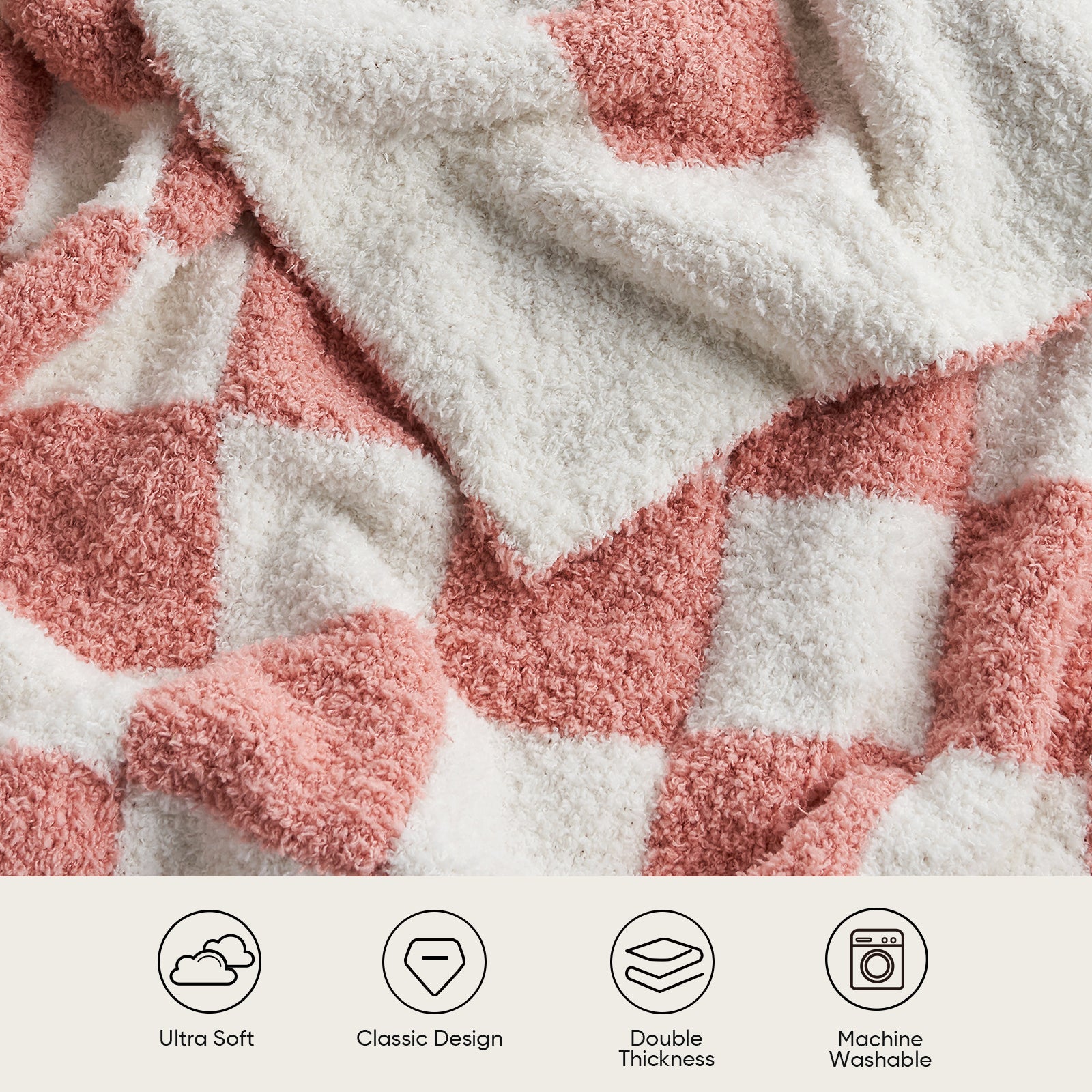 Close-up of soft feather yarn texture on Checkered Feather Yarn Knit Throw Blanket in Pink highlighting ultra soft and fluffy feel. #color_Pink