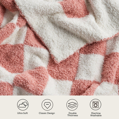 Close-up of soft feather yarn texture on Checkered Feather Yarn Knit Throw Blanket in Pink highlighting ultra soft and fluffy feel. #color_Pink