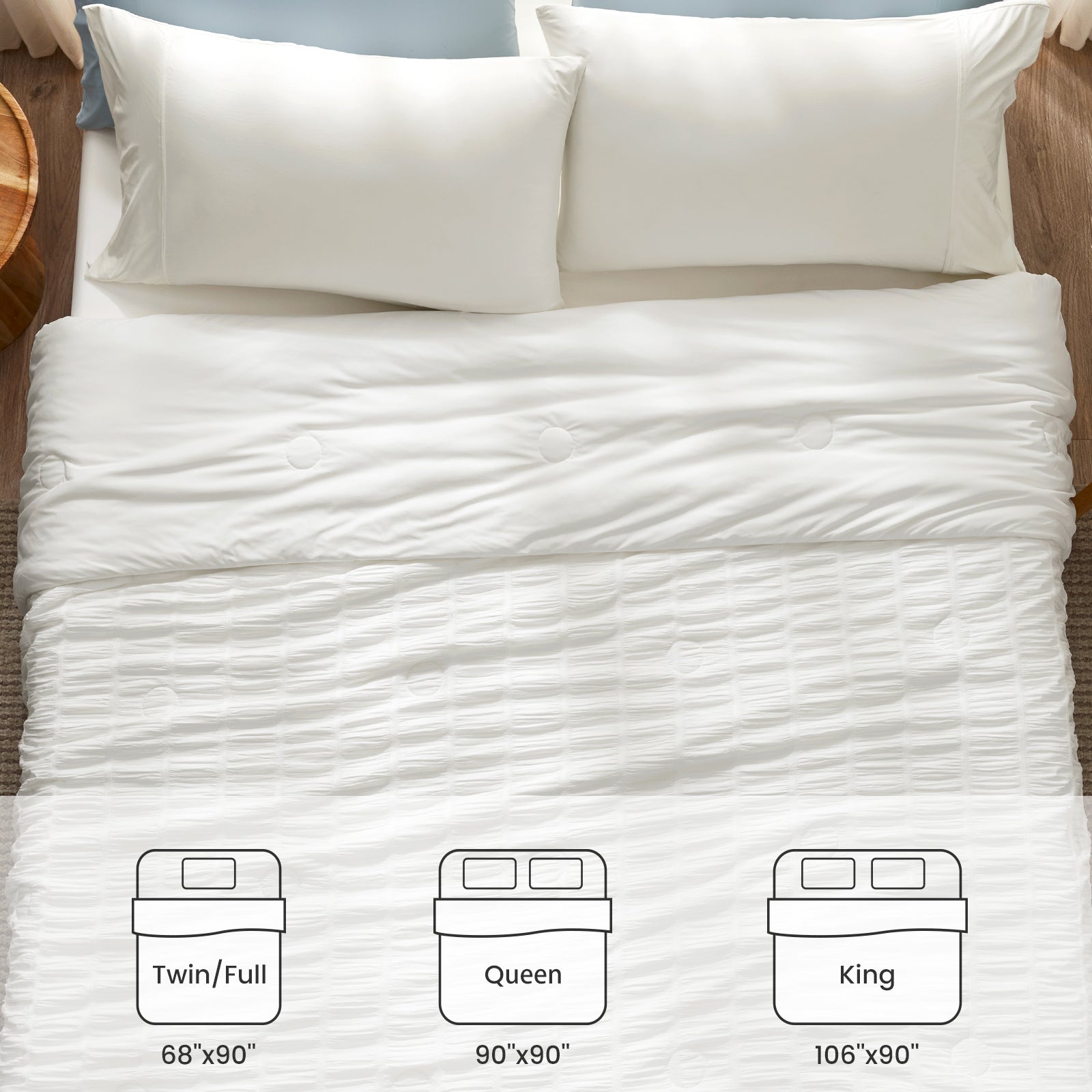 Size instruction for Cozy Bliss Vertical Striped Seersucker Cooling Comforter.  #color_Off White