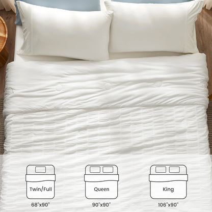 Size instruction for Cozy Bliss Vertical Striped Seersucker Cooling Comforter.  #color_Off White