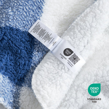 Close up of buffalo sherpa throw blanket in Buffalo Plaid-navy blue, showcasing soft sherpa texture and OEKO TEX STANDARD 100 certification #color_Buffalo Plaid-navy blue