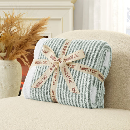Soft Ribbed Feather Yarn Throw Blanket in Sage Green neatly folded with ribbon packaging, showcasing soft texture and perfect giftable design. #color_Sage Green
