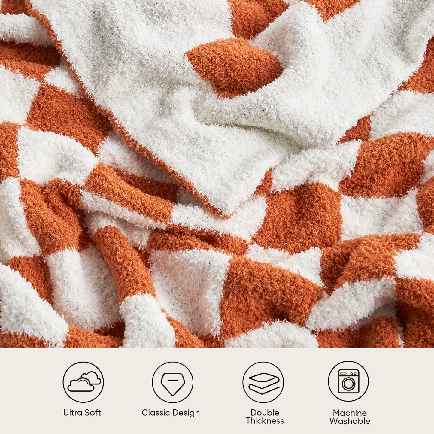 Close-up of soft feather yarn texture on Checkered Feather Yarn Knit Throw Blanket in Burnt Orange highlighting plush and cozy feel. #Color_Burnt Orange