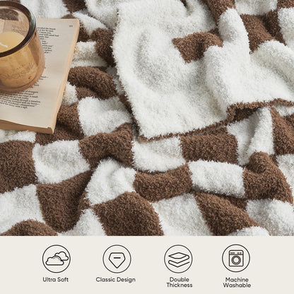 Close-up of soft feather yarn texture on Checkered Feather Yarn Knit Throw Blanket in Brown highlighting plush and cozy feel. #color_Brown