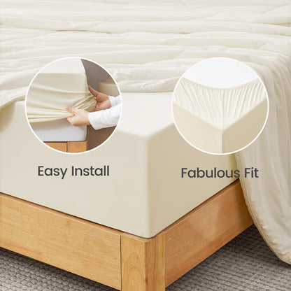 Cream cooling fitted sheet set with easy install and fabulous fit on wooden bed, perfect for a cool night. #Color_Cream White