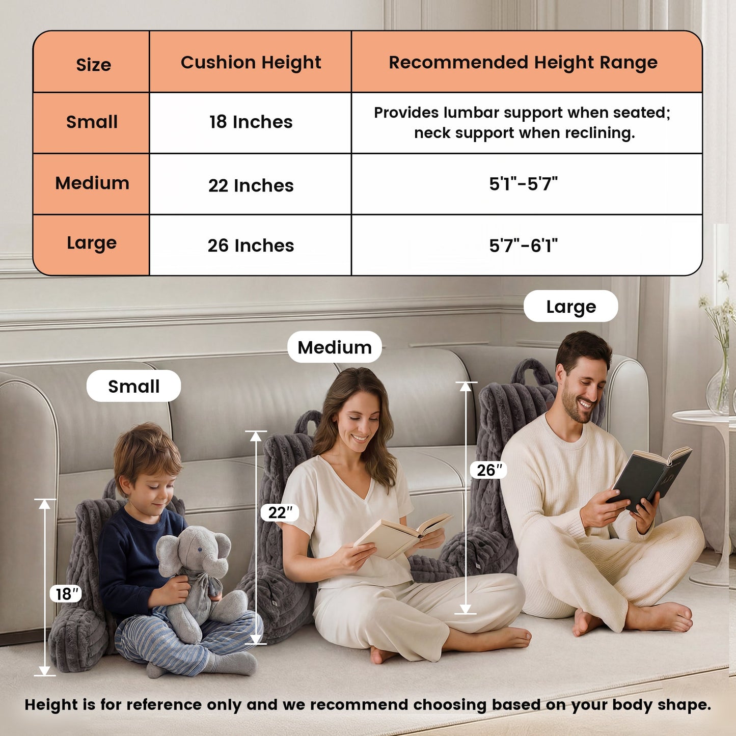 People leaning on backrest pillows with a chart showing the size height and recommended height range.#color_Dark Grey
