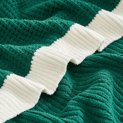 Close-up of Chenille Waffle Knit Throw Blanket in Green highlighting plush chenille yarn and breathable knit. #color_Green