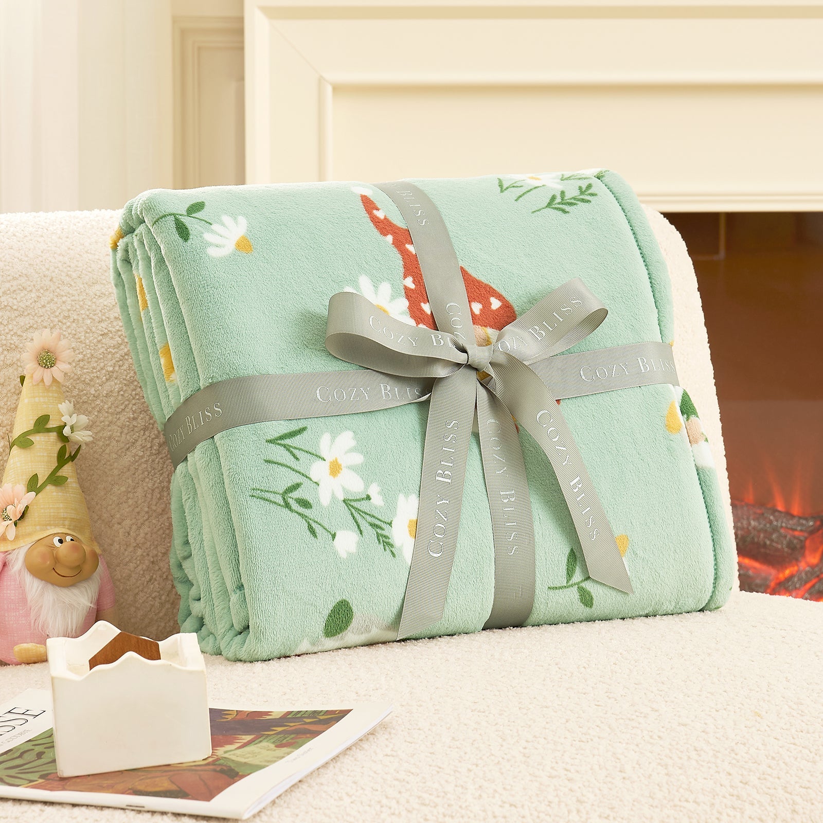 Spring gnomes milkyplush throw blanket in Green folded with ribbon, perfect for gifting #color_Green