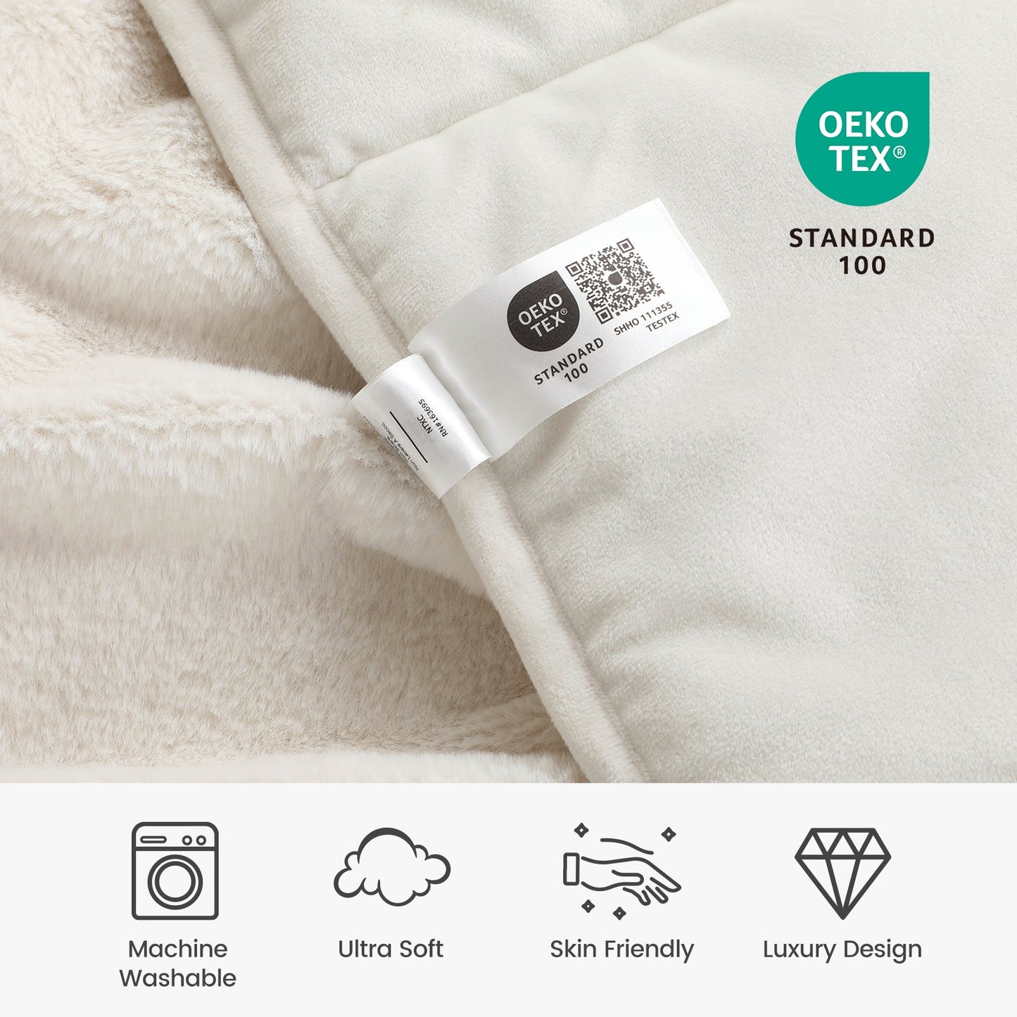 Close-up of a label on a textured fabric with OEKO-TEX Standard 100 certification, and icons indicating machine washable, ultra soft, skin friendly, and luxury design. #color_Cream White