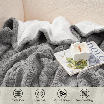 Close-up of Reversible Cable Chenille Sherpa Knit Throw Blanket in Grey showcasing plush chenille cable knit texture with soft sherpa backing. #color_Grey