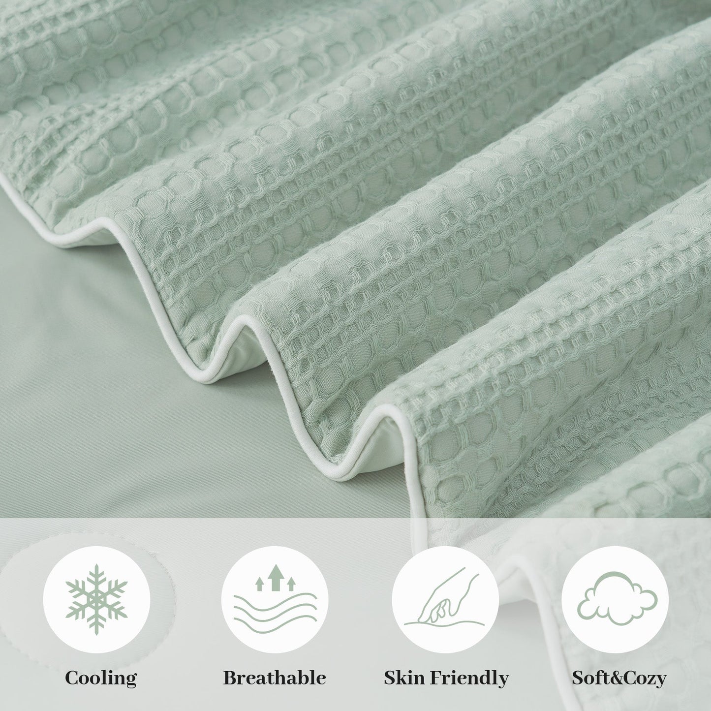 Close up of dual-sided cooling waffle fabric, brethable and skin friendly. #color_Sage Green