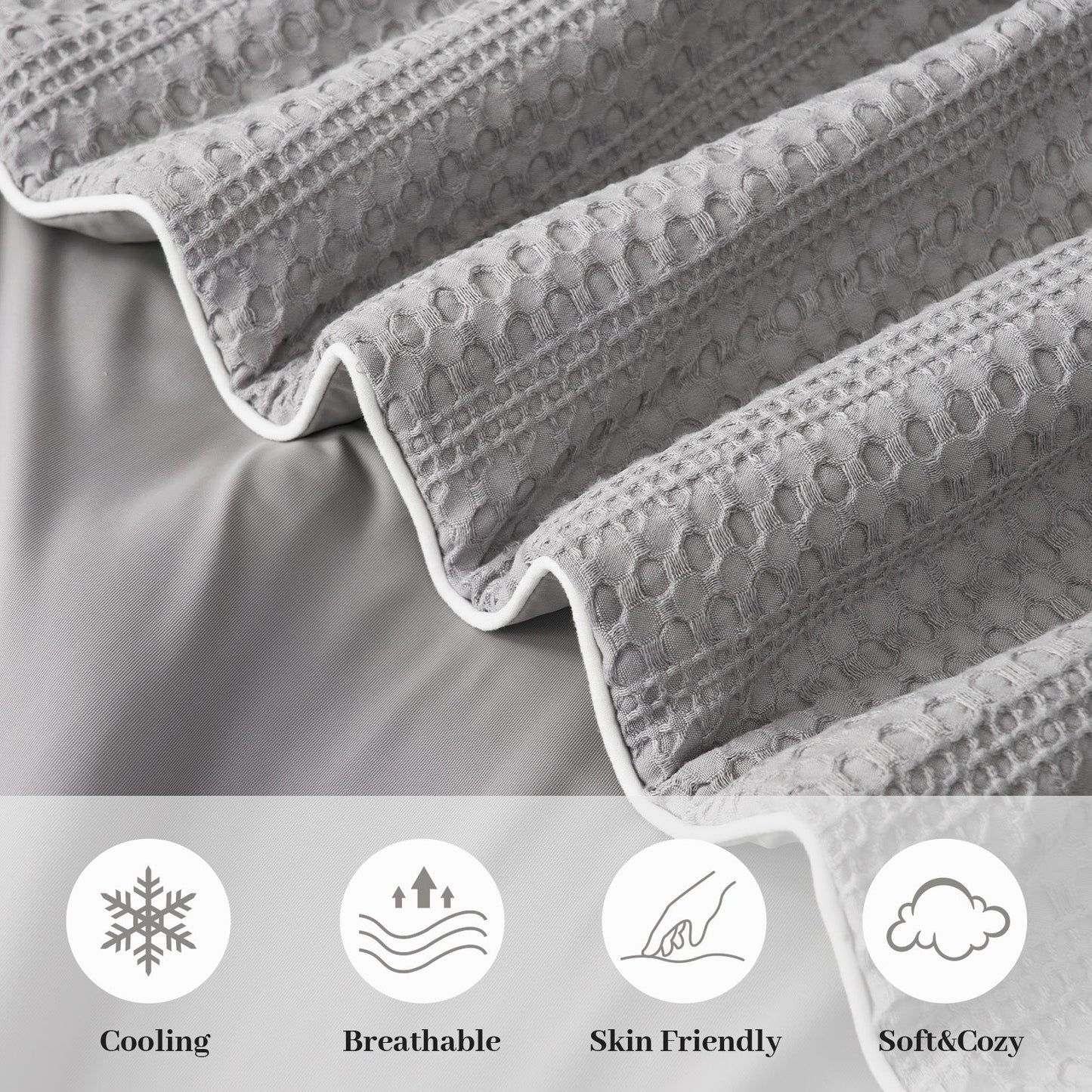 Close up of dual-sided cooling waffle fabric, brethable and skin friendly. #color_Grey