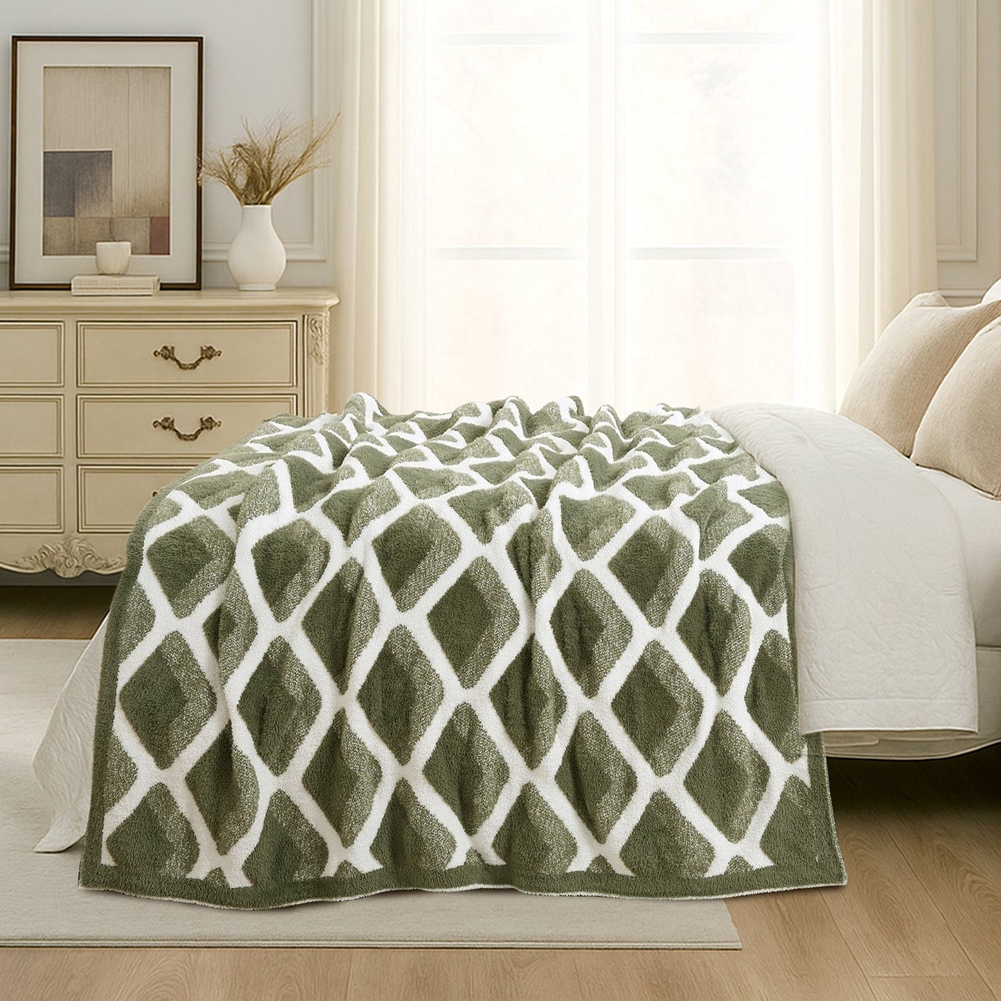 Diamond Feather Yarn Throw Blanket in Green styled on a bed, highlighting soft texture and elegant diamond pattern in a bright bedroom setting. #color_Green