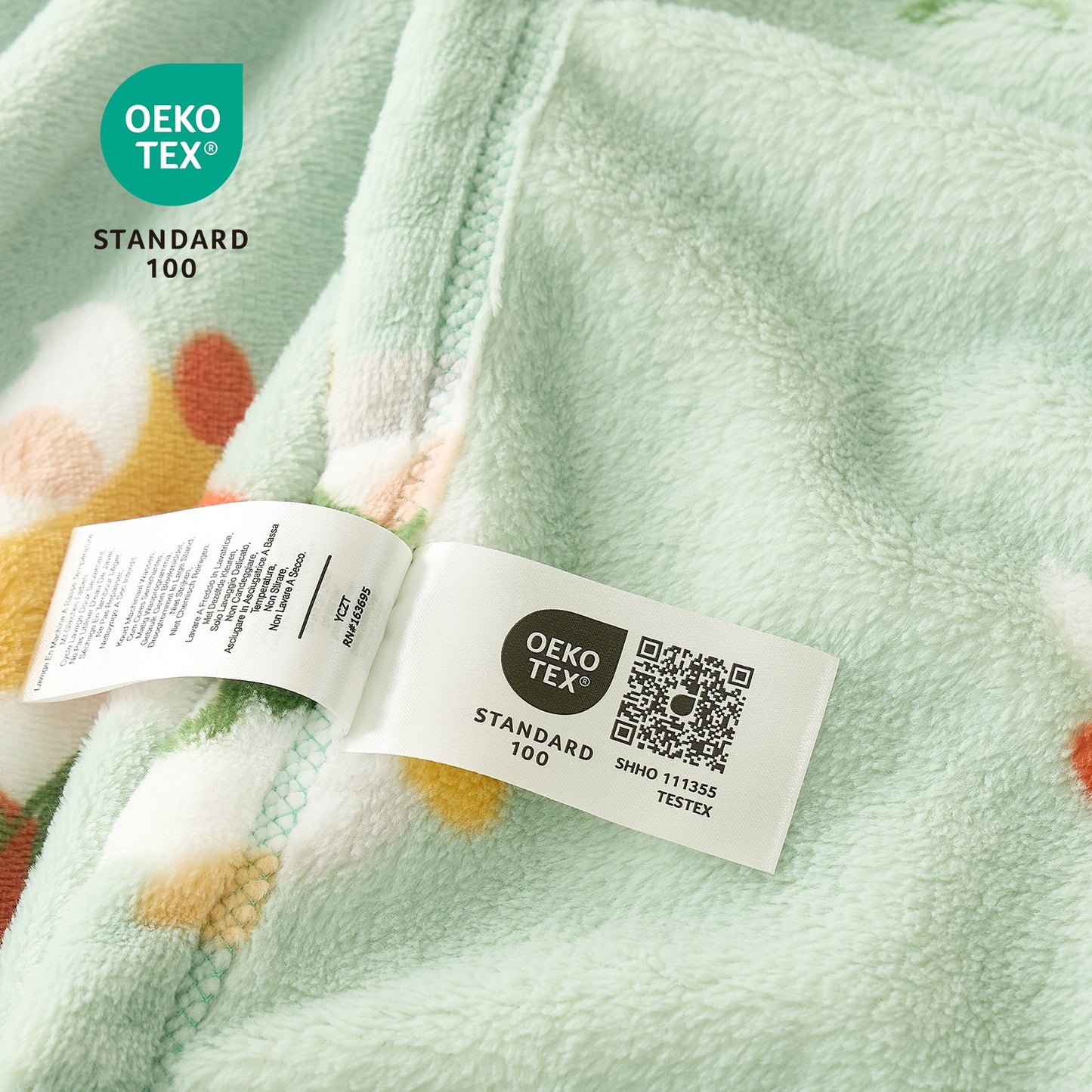 Close up of spring gnomes milkyplush throw blanket in Green, showcasing soft fabric and OEKO TEX STANDARD 100 certification #color_Green