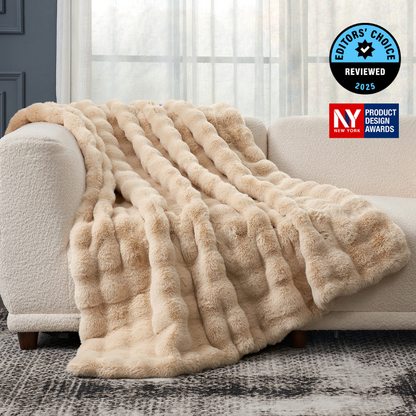 Cozy Bliss Luxurious Bubble Faux Fur Throw Blanket in beige front view #color_Beige