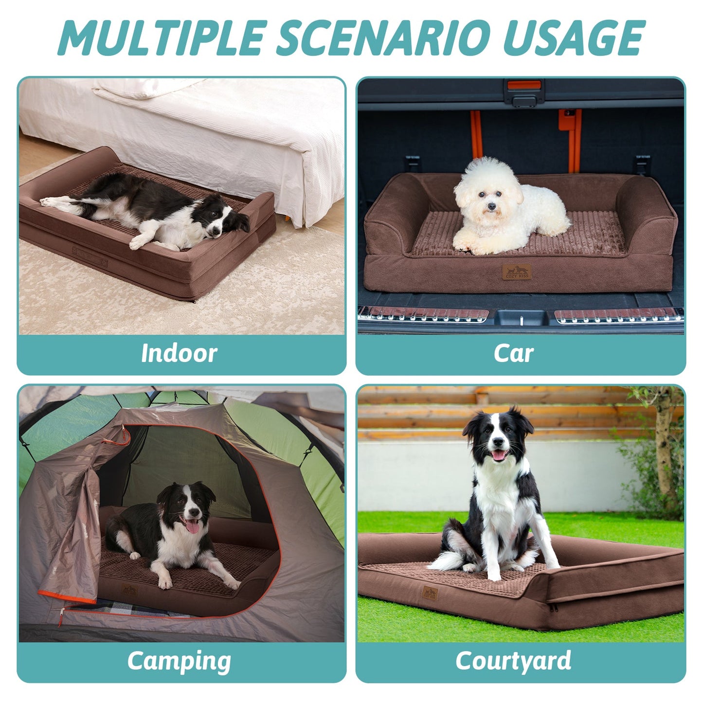 Dog bed used in various scenarios including indoor, car, camping, and courtyard. #Color_Brown