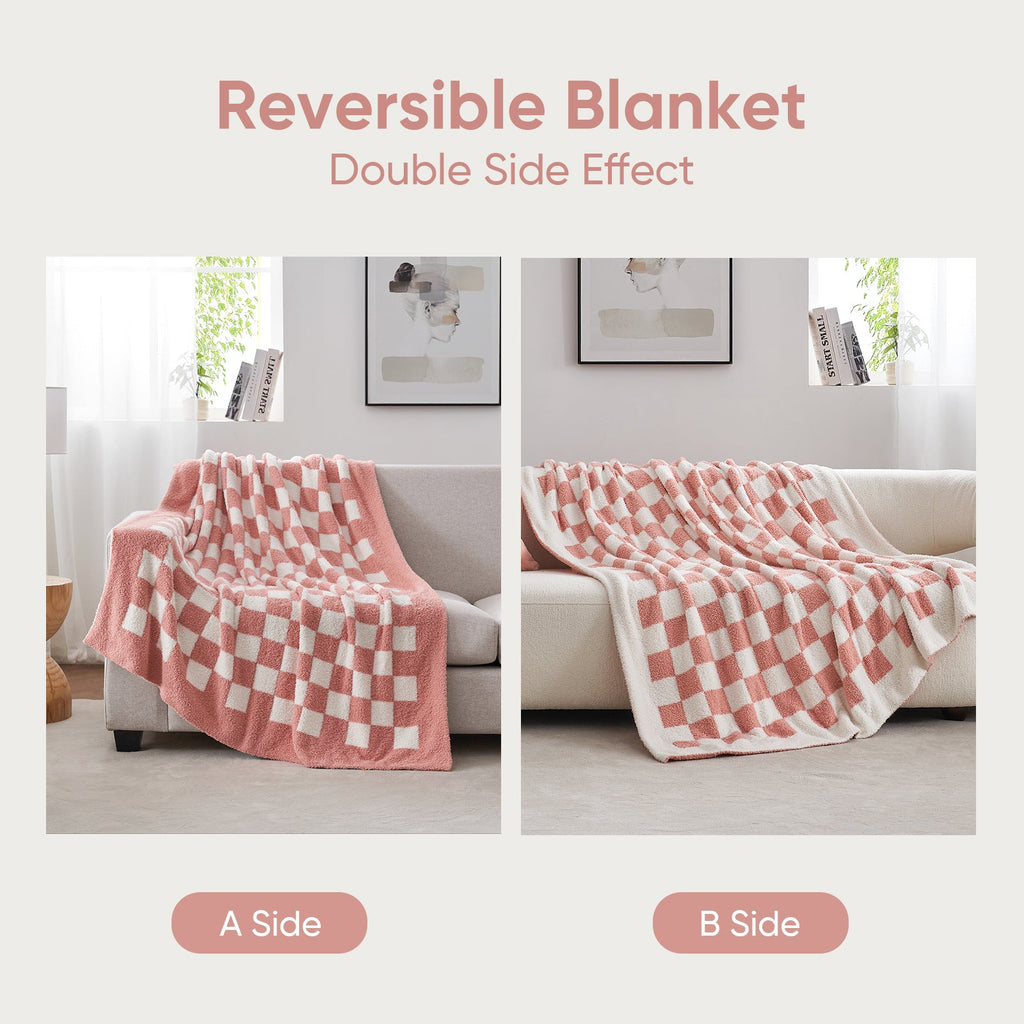 Reversible Checkered Feather Yarn Knit Throw Blanket in Pink featuring double side design for versatile styling. #color_Pink