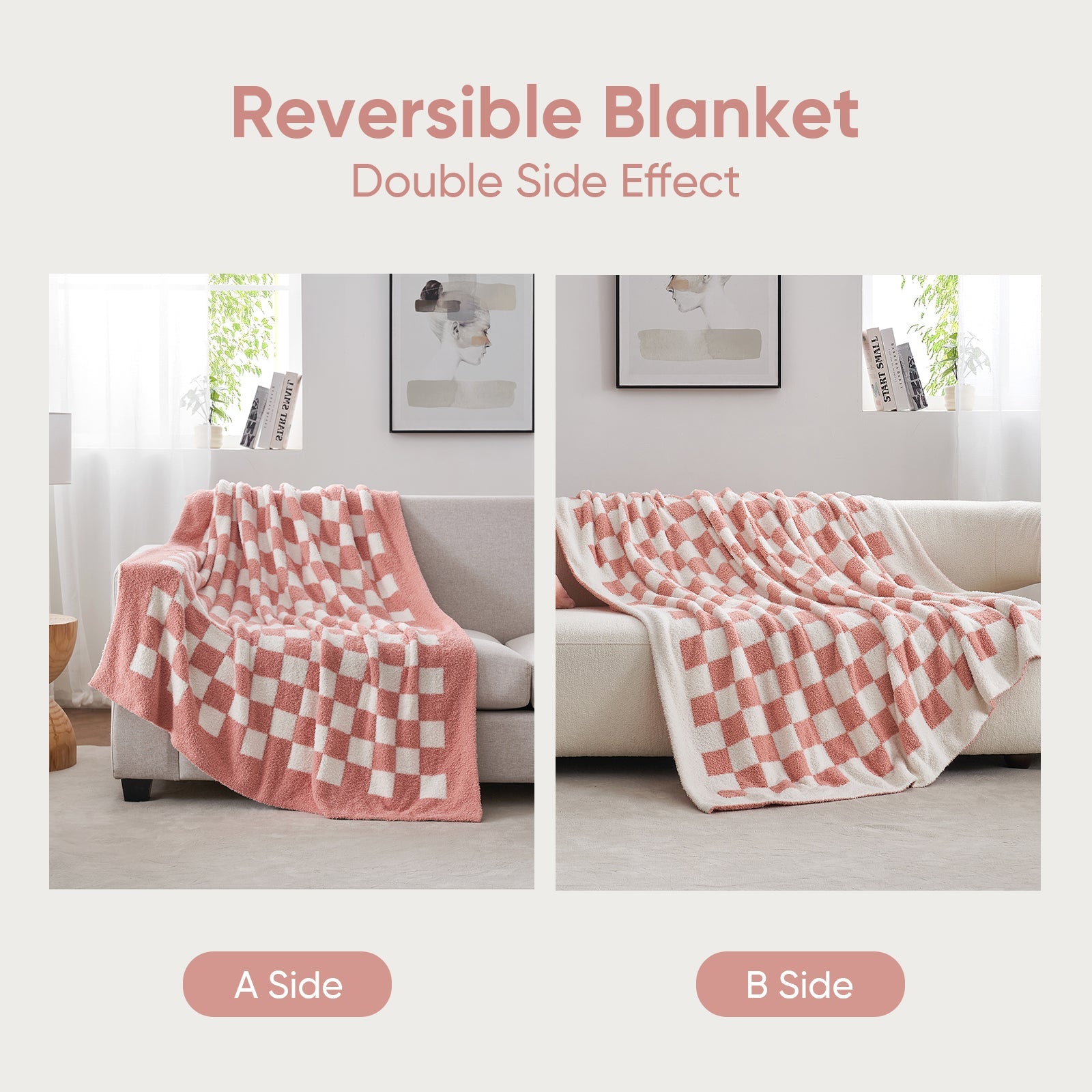 Reversible Checkered Feather Yarn Knit Throw Blanket in Pink featuring double side design for versatile styling. #color_Pink