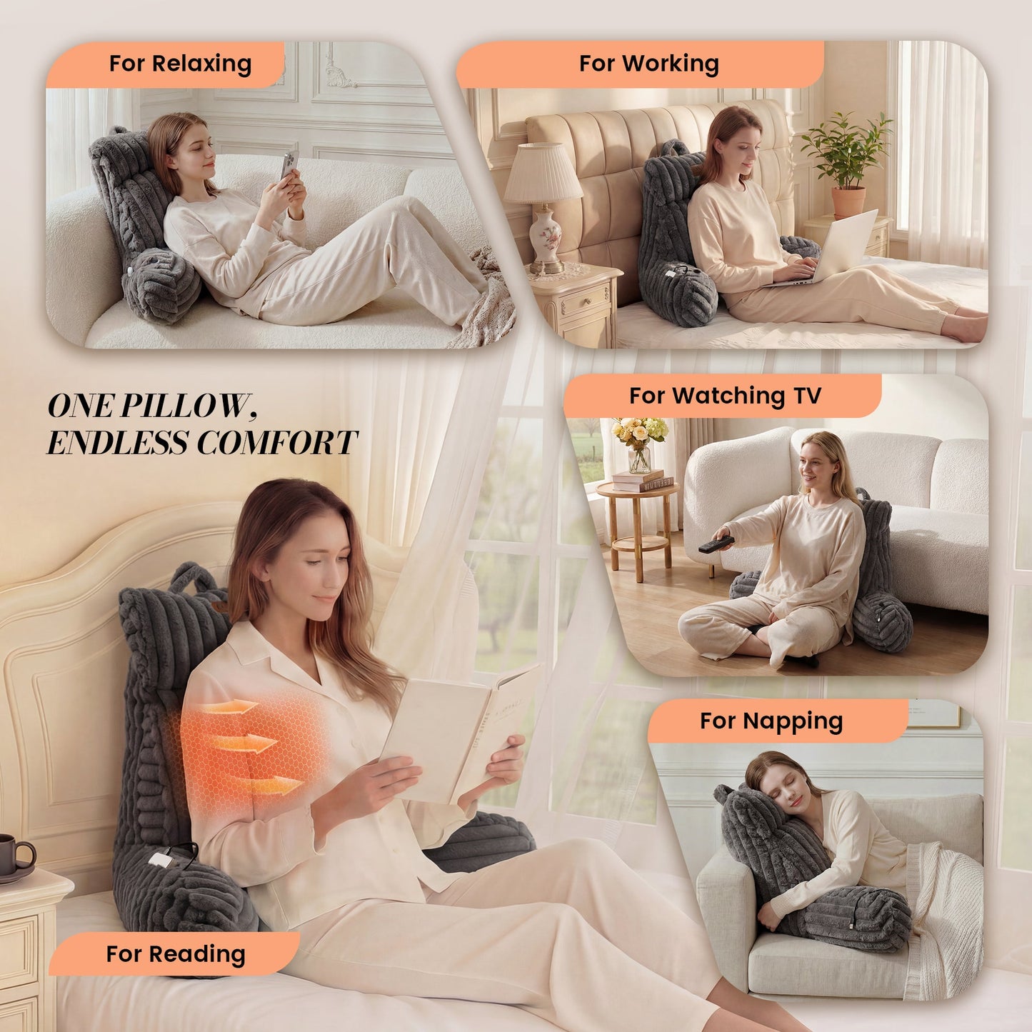 Woman using a reading pillow in various settings for relaxing, working, watching TV, napping, and reading.#color_Dark Grey