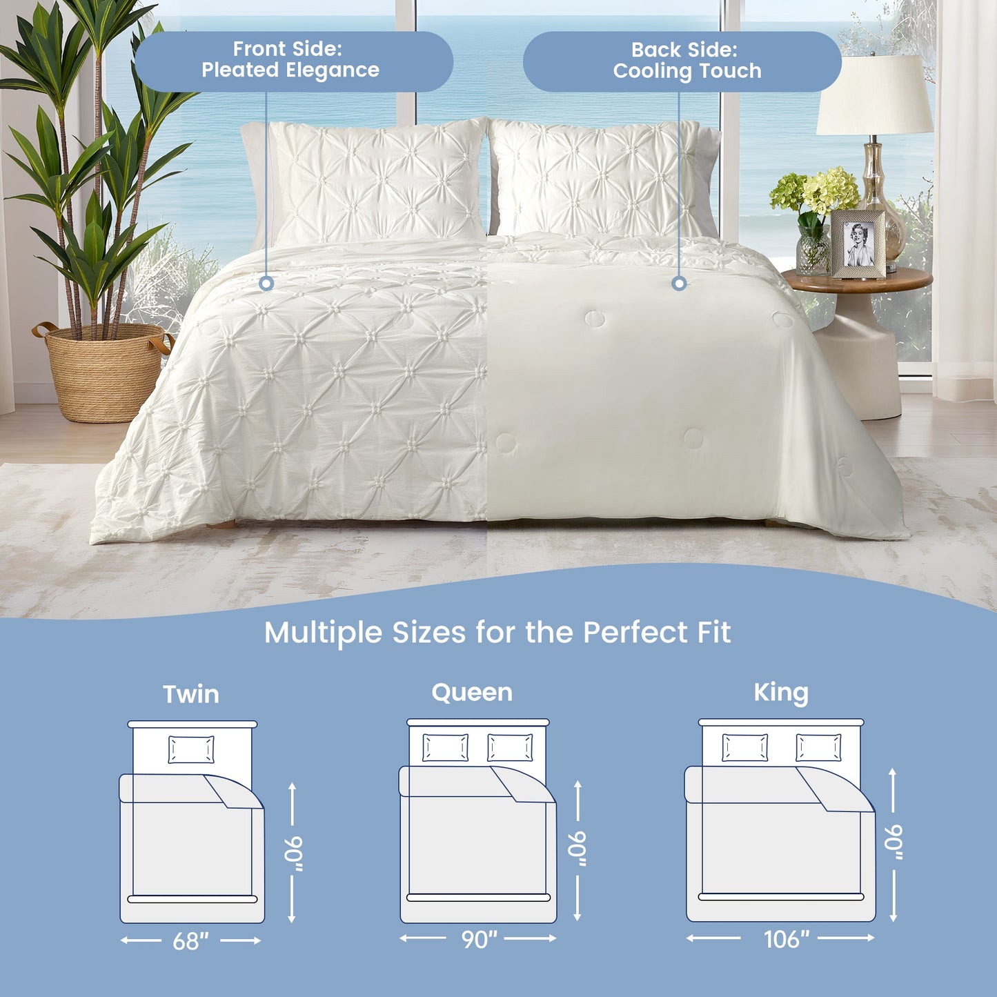 Cozy Bliss pintuck cooling comforter with pleated front and cooling touch back, shown on a bed with measurements for Twin, Queen, and King sizes. #Color_Off White