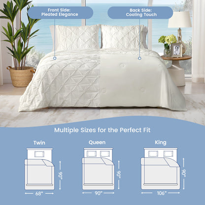 Cozy Bliss pintuck cooling comforter with pleated front and cooling touch back, shown on a bed with measurements for Twin, Queen, and King sizes. #Color_Off White