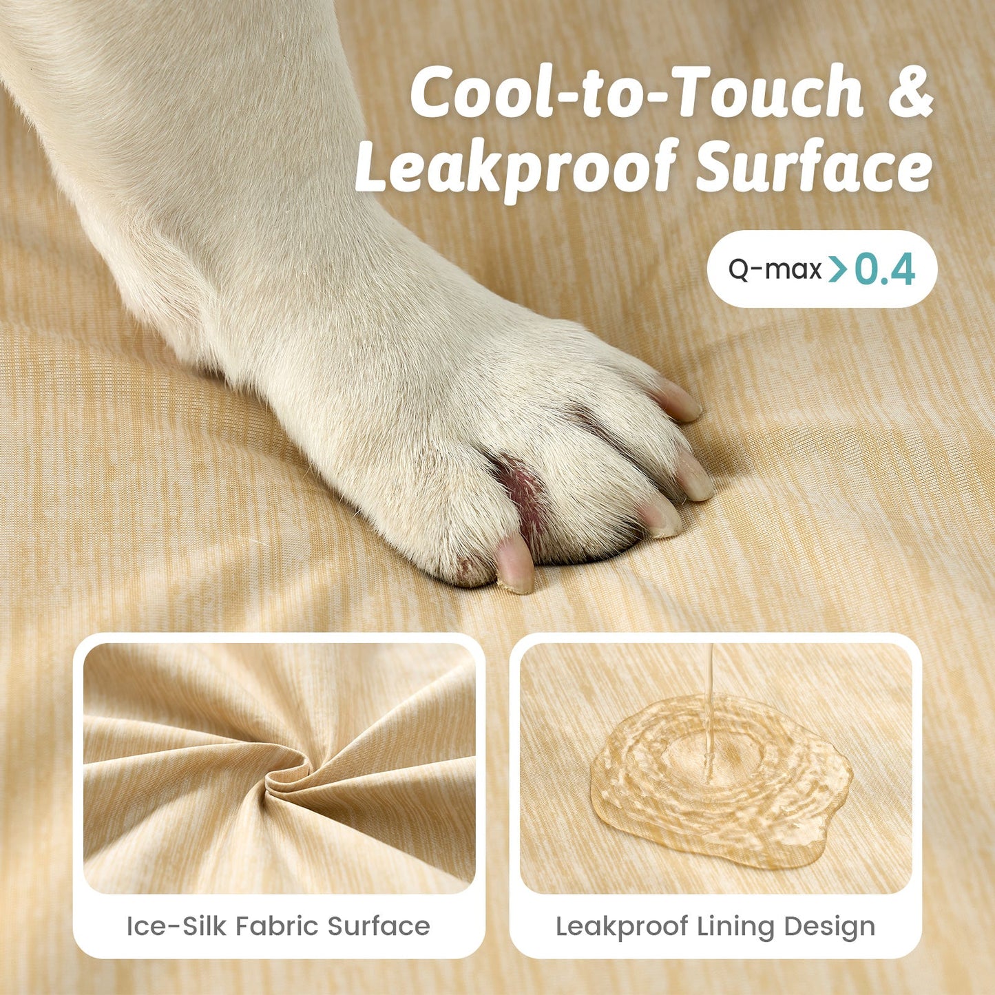 Dog paw on a pet bed fabric with text about cool-to-touch and leakproof surface#color_Beige