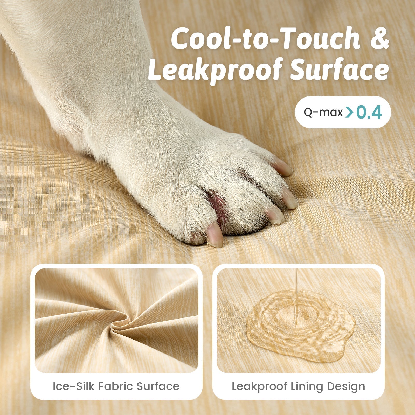 Dog paw on a pet bed fabric with text about cool-to-touch and leakproof surface#color_Beige