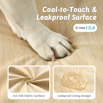 Dog paw on a pet bed fabric with text about cool-to-touch and leakproof surface#color_Beige